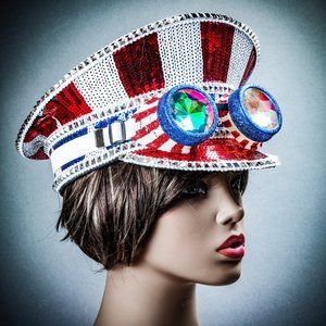 Steampunk USA Flag 4th of July 3D Lens Captain Hat